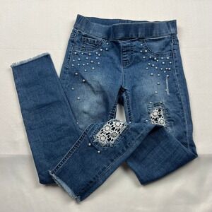 Justice Girl Raw Edge Pearl & Lace Embellished Mid Rise Leggings Jeans‎ Youth 10